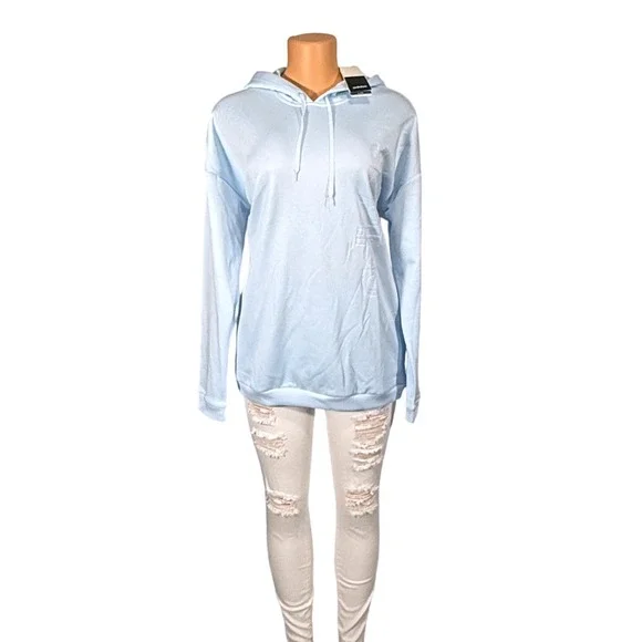 Adidas Womens Light Blue Embossed Logo Pullover Hoodie Size L NWT - Picture 5 of 12
